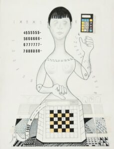 Illustration du duo fiscal gagnant : une calculatrice et un formulaire fiscal à côté d'une œuvre d'art, symbolisant le calcul du loyer déductible et de la TVA récupérable.