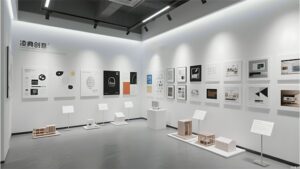 Vue large d'un hall d'accueil d'entreprise moderne et lumineux. Une grande sculpture contemporaine, abstraite ou colorée, est placée au centre, illustrant l'intégration de l'art contemporain comme élément de décoration et de stratégie d'image en entreprise.